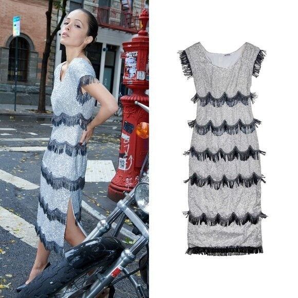 Batsheva NEW Octavia Cocktail Party Formal Midi Dress in Silver Sequin Size 6