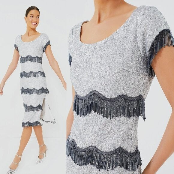 Batsheva NEW Octavia Cocktail Party Formal Midi Dress in Silver Sequin Size 6