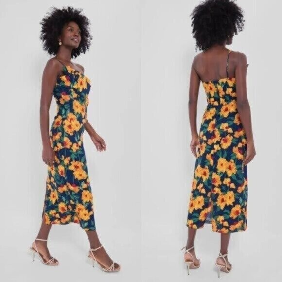 Hyacinth House NEW Navy & Marigold Floral Ruffle Margot Maxi Dress Size L
