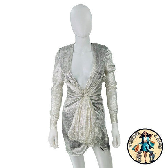 Redemption for FWRD Long Sleeve Metallic Deep V Party Dress in Silver Size XS