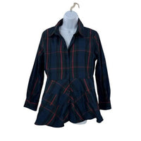 Pomander Place NEW Fraser Navy Plaid Ashlen Peplum Long Sleeve Blouse Top Size L