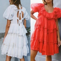 INNIKA CHOO Poinciana Red Organdy Puff Sleeve Scalloped Layer Mini Dress Size S