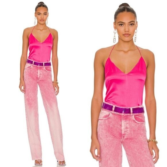 SER.O.YA | NWT Rachel Silk Satin Halter Camisole Top in Fuschia Purple Size M