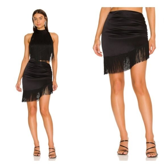 Silk Roads by Adriana Iglesias x REVOLVE Lua Silk Fringe Skirt in Black Size L