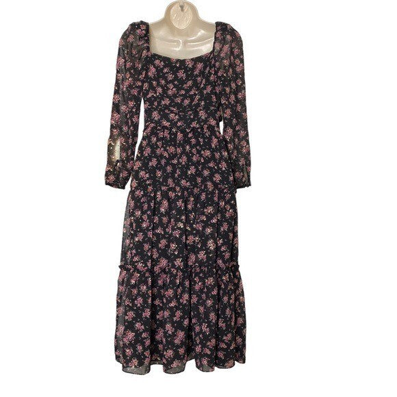 1. STATE | NWT Long Sleeve Midi Dress in Gold Foil Floral Chiffon Size 2/S