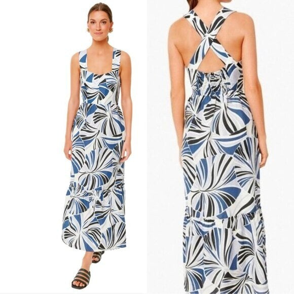 Tuckernuck NEW Blue Palm Linen Alston Cross Back Fit Flare Maxi Dress Size XXS