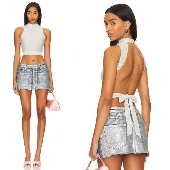 NEW superdown REVOLVE Sophie Metallic Silver Open Back Crop Top Size XL