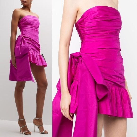 LoveShackFancy NEW Noble Bow Silk Formal Flirty Fuschia Mini Dress Size 12