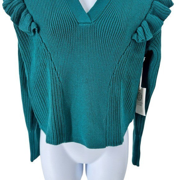 Tuckernuck NEW Hyacinth House Teal Ruffle Casey Collared V-Neck Sweater Size XS
