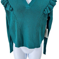 Tuckernuck NEW Hyacinth House Teal Ruffle Casey Collared V-Neck Sweater Size XS