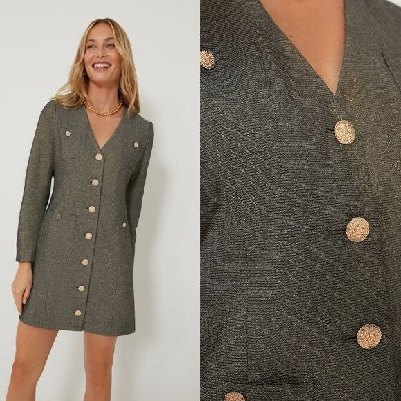 Pomander Place NEW Coventry Metallic Keira Linen Classic Gold Mini Dress Size M