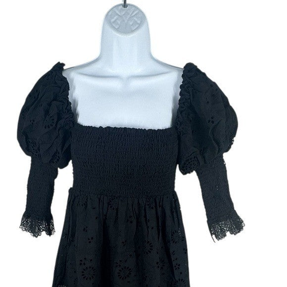 O.P.T. NEW Black Wednesday Cotton Eyelet Puff Sleeve Midi Dress Size XS