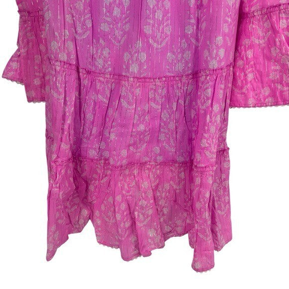 Juliet Dunn NEW Exclusive Orchid Small Flower Lurex Flared Sleeve Dress Size XS