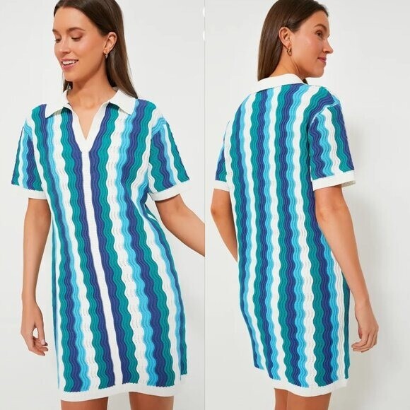 Hyacinth House NEW Aqua Wavy Sammie Blue White Coastal Knit Mini Dress Size XL