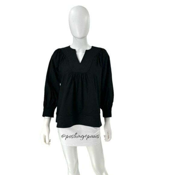 Pomander Place | NEW Black Koa Long Sleeve Notched Neckline Blouse Size Small