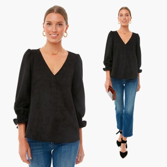 Pomander Place | NEW Easton Swing V Neck Long Sleeve Blouse in Black Size XS