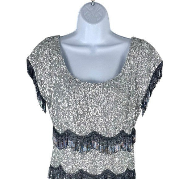 Batsheva NEW Octavia Cocktail Party Formal Midi Dress in Silver Sequin Size 6