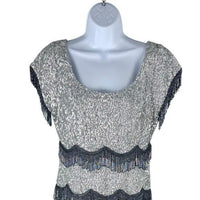 Batsheva NEW Octavia Cocktail Party Formal Midi Dress in Silver Sequin Size 6