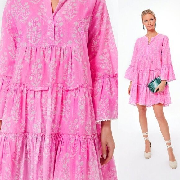 Juliet Dunn NEW Exclusive Orchid Small Flower Lurex Flared Sleeve Dress Size XS