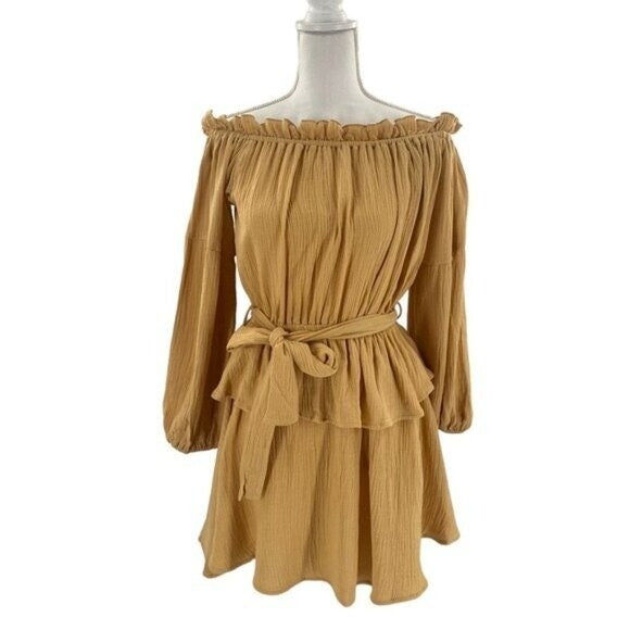 Petal & Pup NEW Callie Off the Shoulder Gauzy Ruffle Mini Dress Yellow Size S