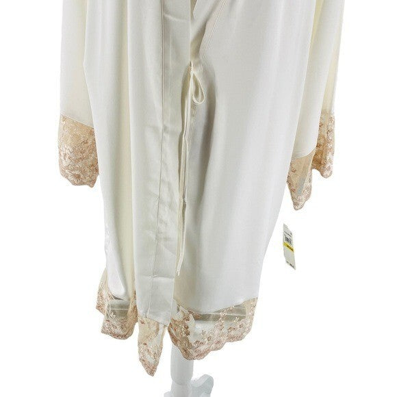 Flora Nikrooz NEW Rosa Kimono Satin Lace Trim Robe in Ivory Size M