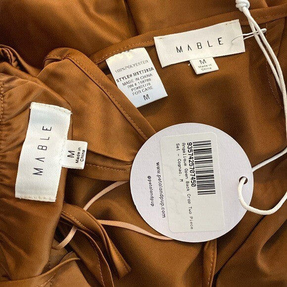 Mable x Petal & Pup NEW Angelique Open Back Satin Cognac Matching Set Size M