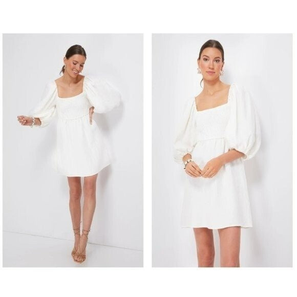 Tuckernuck NEW White Annie Linen Puff Sleeve Boho Smocked Mini Dress Size M