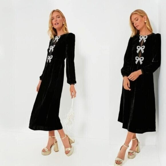 Saloni NEW Velvet Camille Bows Long Sleeve Formal Elegant Midi Dress Size 0