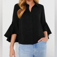 Tuckernuck NEW Black Norah Bell Sleeve Collared Button Down Blouse Top Size L