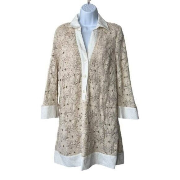 Tuckernuck NEW Tan Crochet Collier Collared Coastal Mini Dress Size L