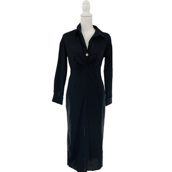 Petal & Pup NEW Monrow Black Preppy Long Sleeve Linen Midi Shirt Dress Size 4