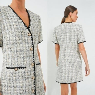 Pomander Place NEW White Tweed Retro Josephine Mini Dress in White Black Size M