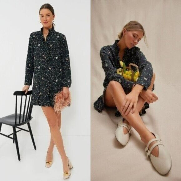 Tuckernuck NEW Campden Vine Tate Black Long Sleeve Pleated Mini Dress Size XXS