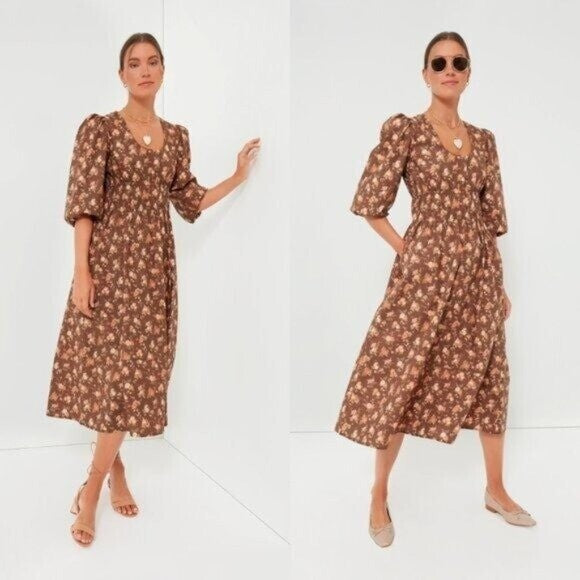 Tuckernuck NEW Rosewood Chintz Marlena Floral Brown Boho Midi Dress Size XS