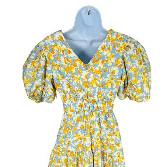 Hyacinth House NEW Blue and Orange Floral Puff Sleeve Pauline Midi Dress XXS