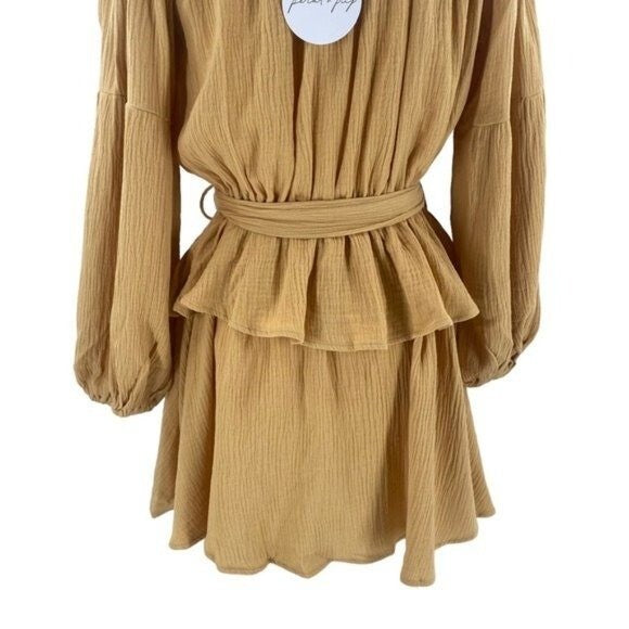Petal and Pup NEW Callie Off the Shoulder Gauzy Ruffle Mini Dress Yellow Size L