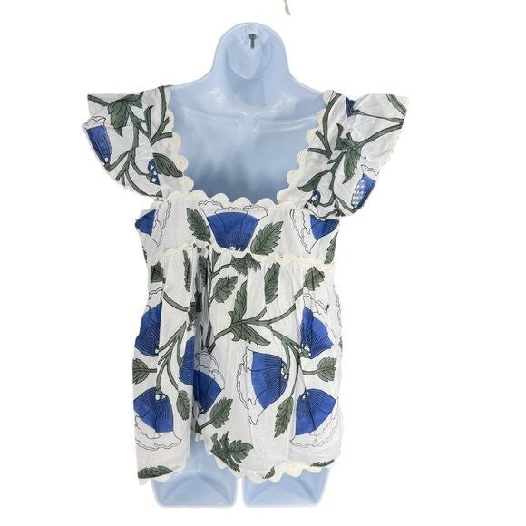 Juliet Dunn NEW White and Klein Blue Baby Doll Floral Scalloped Top Size S