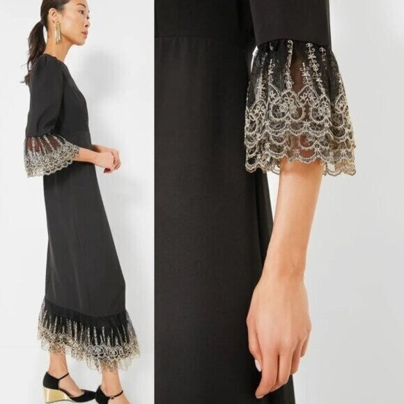 Pomander Place NEW Black Lillith Gold Lace Formal Maxi Dress Size M