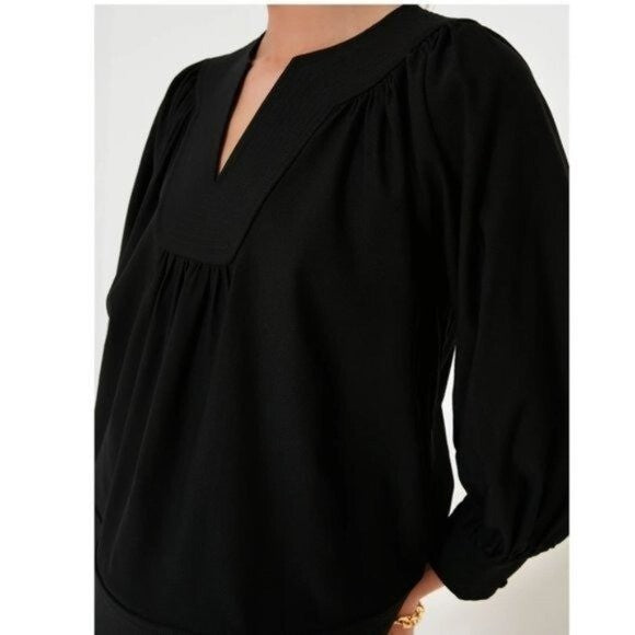 Pomander Place | NEW Black Koa Long Sleeve Notched Neckline Blouse Size Small