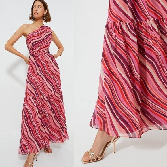 Tuckernuck NEW Pink Sunset Stripe Cadiz One Shoulder Formal Maxi Dress XS