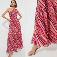 Tuckernuck NEW Pink Sunset Stripe Cadiz One Shoulder Formal Maxi Dress XS