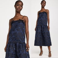 GANNI NEW Navy Blue Botanical Jacquard Formal Bow Strap Midi Dress Size 8