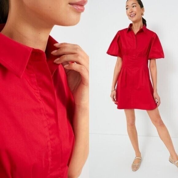 Tuckernuck NEW Red Mini Delaney Puff Sleeve Collared Classic Mini Dress Size L