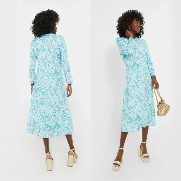 Hyacinth House NEW Blue Abstract Print Long Sleeve Hattie Midi Dress Size XXS