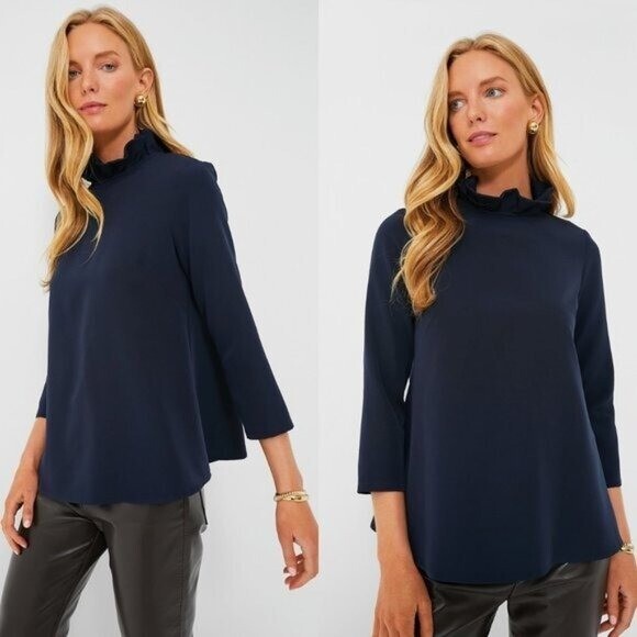 Tuckernuck NEW Navy Faye Preppy Bow Ruffle Collar 3/4 Sleeve Blouse Size XXS