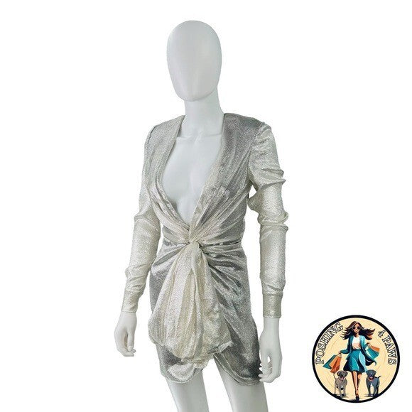 Redemption for FWRD Long Sleeve Metallic Deep V Party Dress in Silver Size XS