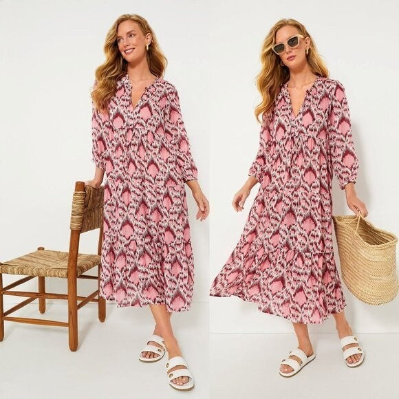 Tuckernuck NEW Pink Poppy Ikat Long Sleeve Salty Paloma Caftan Size XXXL