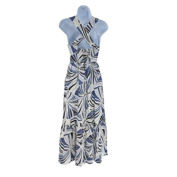 Tuckernuck NEW Blue Palm Linen Alston Cross Back Fit Flare Maxi Dress Size XXS