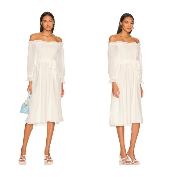 1. STATE NEW Off the Shoulder Smocked Bodice Midi Dress in New Ivory Size XXS