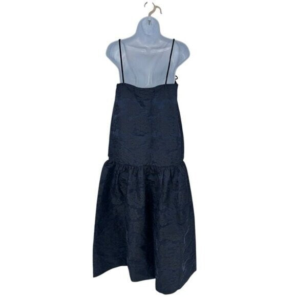 GANNI NEW Navy Blue Botanical Jacquard Formal Bow Strap Midi Dress Size 6